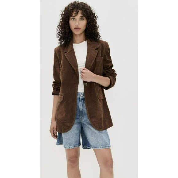 New $198 Free People Paper Cut Faux Suede Vegan Brown Boyfriend Blazer Size M - Picture 4 of 11